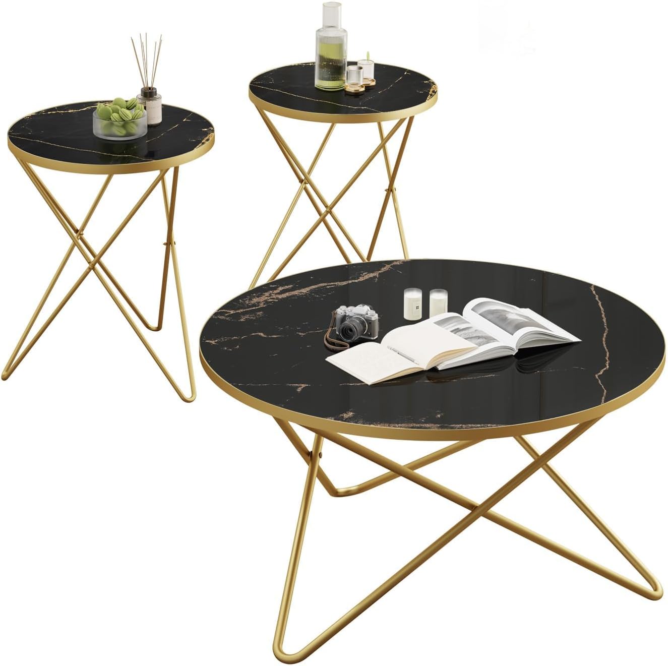HLR Modern Round Coffee Table and Side Table Set of 3,End Table with Faux Marble Top and Gold Metal Frame, Side Table for Living Room, Bedroom, Sofa and Couch, Gold Legs, Black Marble Top
