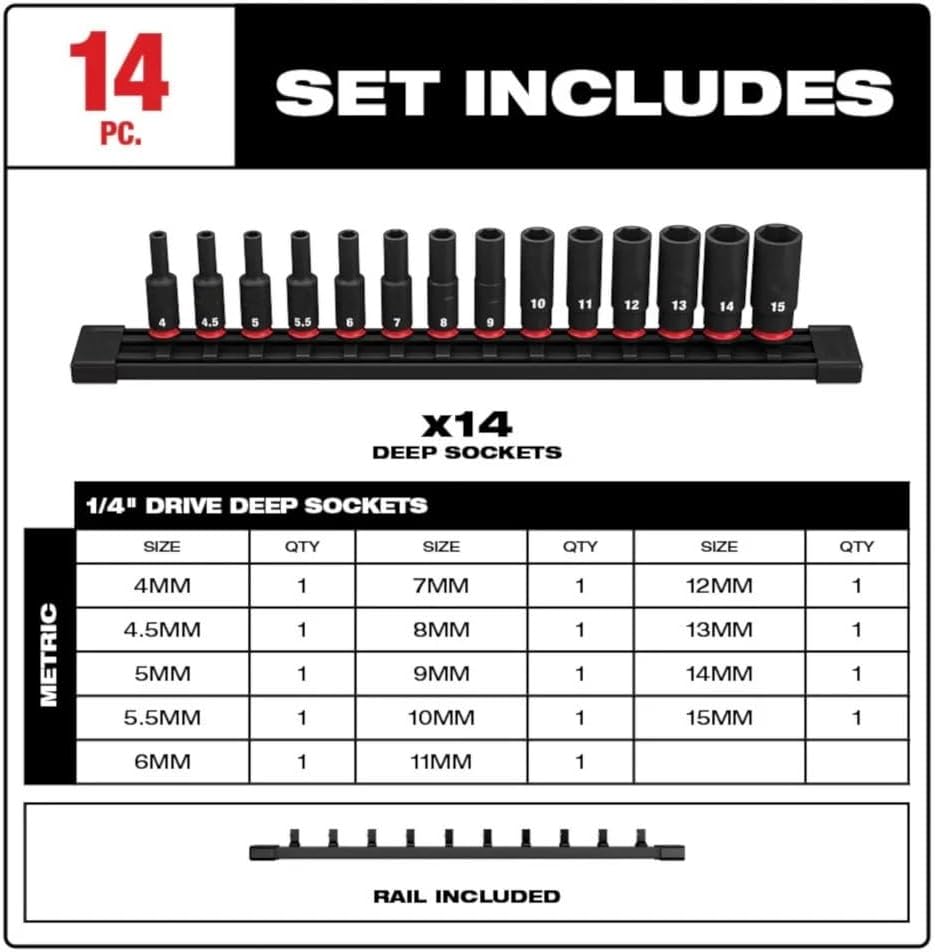 14PC 49-66-7003 Non-slip Hex Socket Set for Milwaukee 1/4' Drive Socket Set