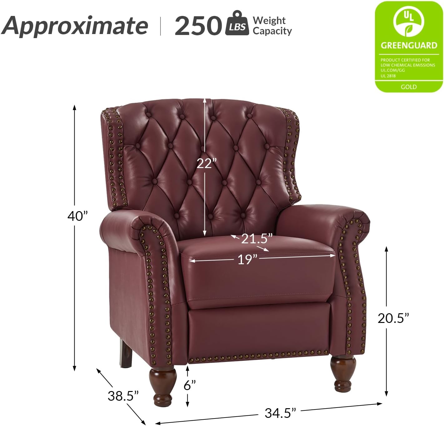 HULALA HOME Genuine Leather Recliner Chair Set of 2 w/Solid Wood Feet, Modern Adjustable Tufted Push Back Arm Chair w/Rivet Decoration, Home Theater Seating Reclining Sofa for Living Room, Burgundy