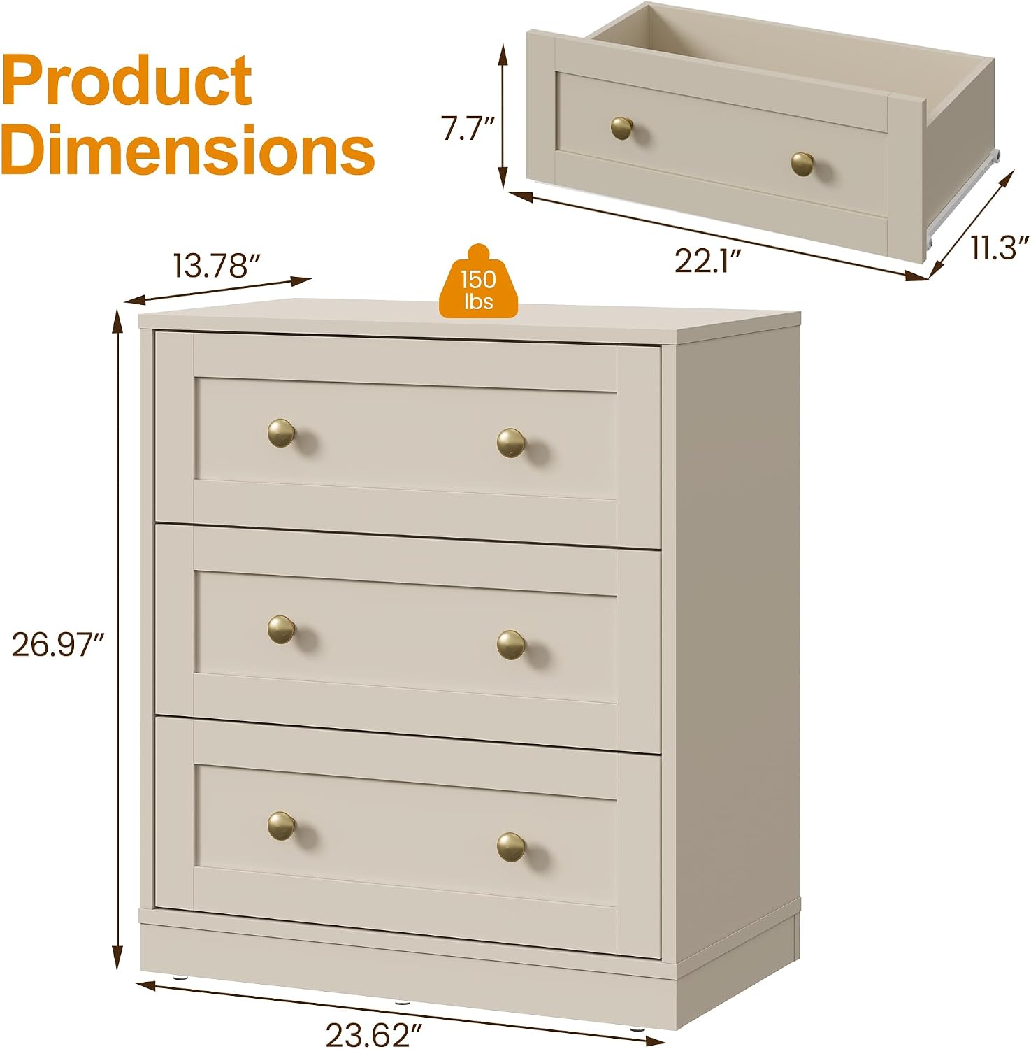 RoyalCraft Nightstand with 3 Drawers Storage, Large Wood Night Stand for Bedroom, Modern Bedside Table, End Table for Hallway, Closet, Beige