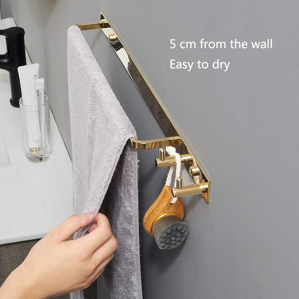 Towel Bar Towel Rail with 2 Hooks Heavy Duty Brass Towel Rack Wall Mounted Towel Holder Double Rod Storage Rack for Bathroom Kitchen Toilet,Black Gold,Black Gold
