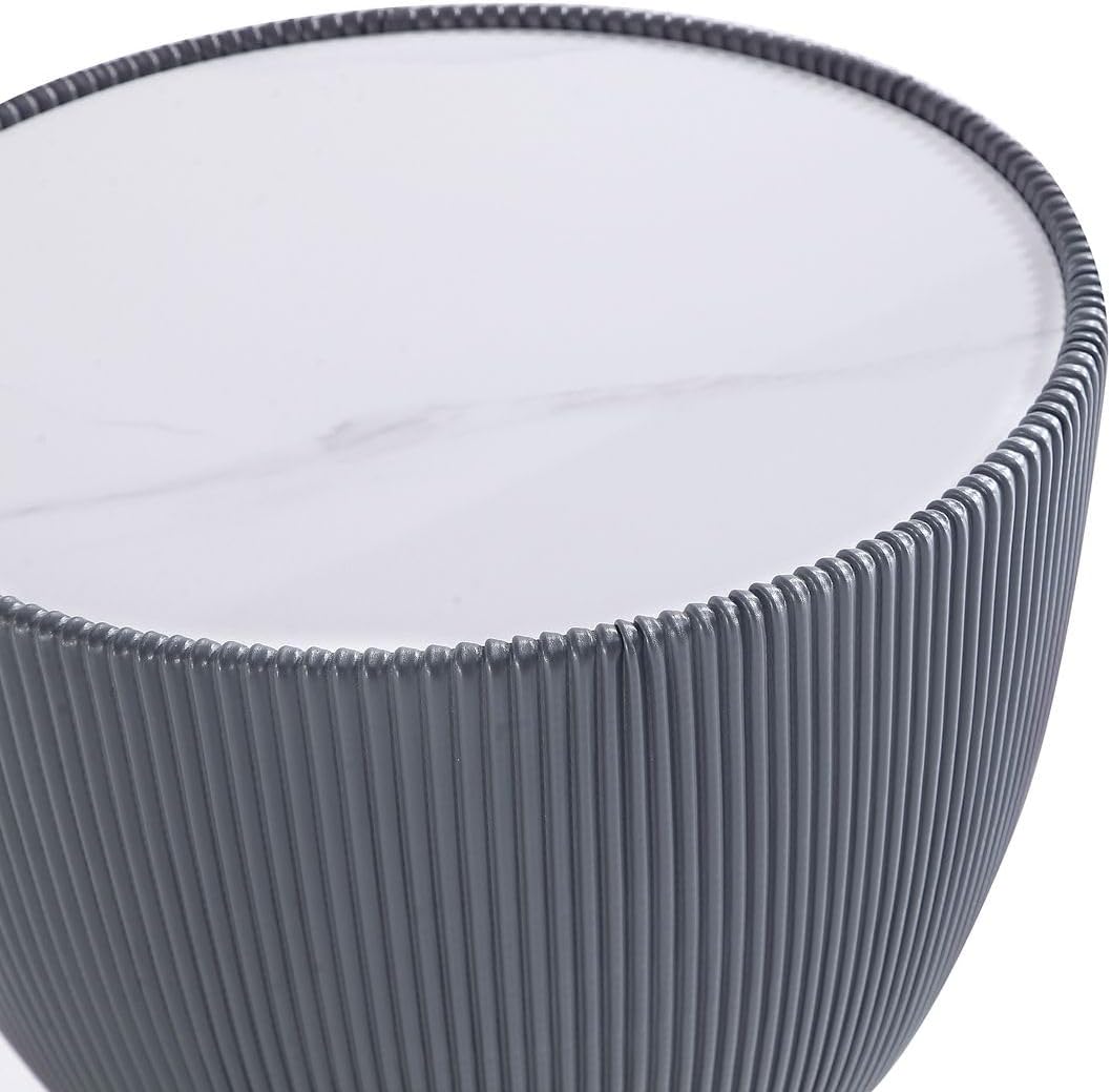Manhattan Comfort Modern Anderson Coffee Table and End Table 2.0 Upholstered in Cream and Grey Leatherette with Ceramic Faux Tabletop - Set of 2