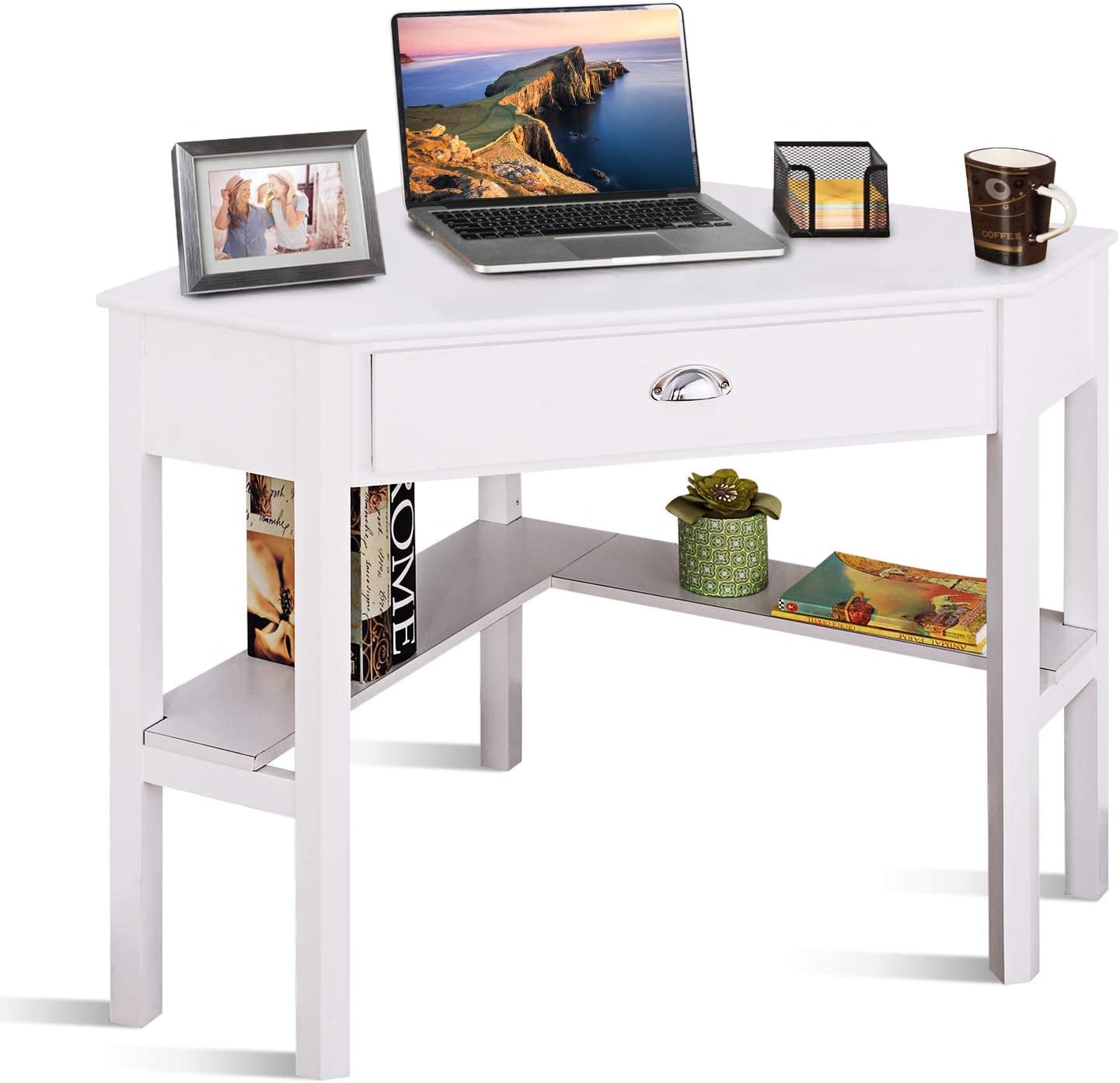 DORTALA Corner Desk, Writing & Study Corner Computer Desk, Laptop PC Table, Wood Home Office Desk, Small Corner Desk w/Storage Drawer, Shelves, Office Study Workstation, White Corner Desk (White)