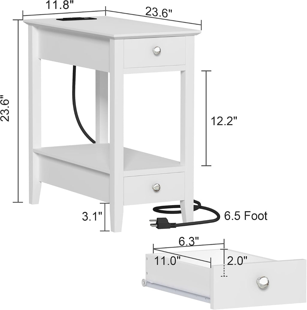 Treocho End Tables Living Room Set of 2, Narrow Side Table with Charging Station, White Table Bedside Sofa for Small Spaces, Living Room, Bedroom