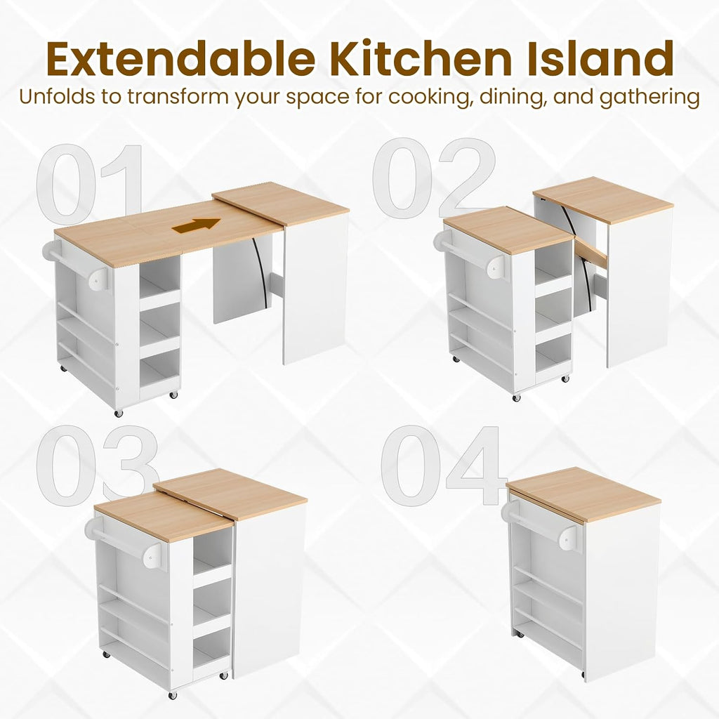 EROMMY 52' Extendable Kitchen Island with Faux Marble Top, Rolling Kitchen Cart with Pull-Out Dining Table, Spice Rack, Towel Bar, Mobile Breakfast Bar Station with Storage for Small Space (White)