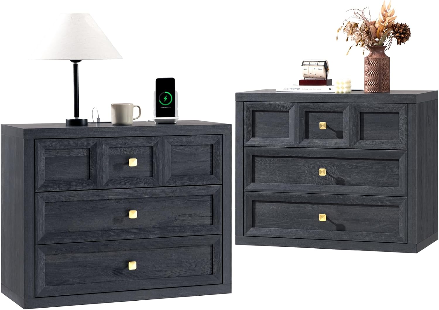 Nightstand Set of 2 W/Charging Station, 30.7' W King Size Bedside Table with 3 Drawers, Accent End Table W/Large Storage, Modern Wood Side Table for Bedroom, Dark Grey