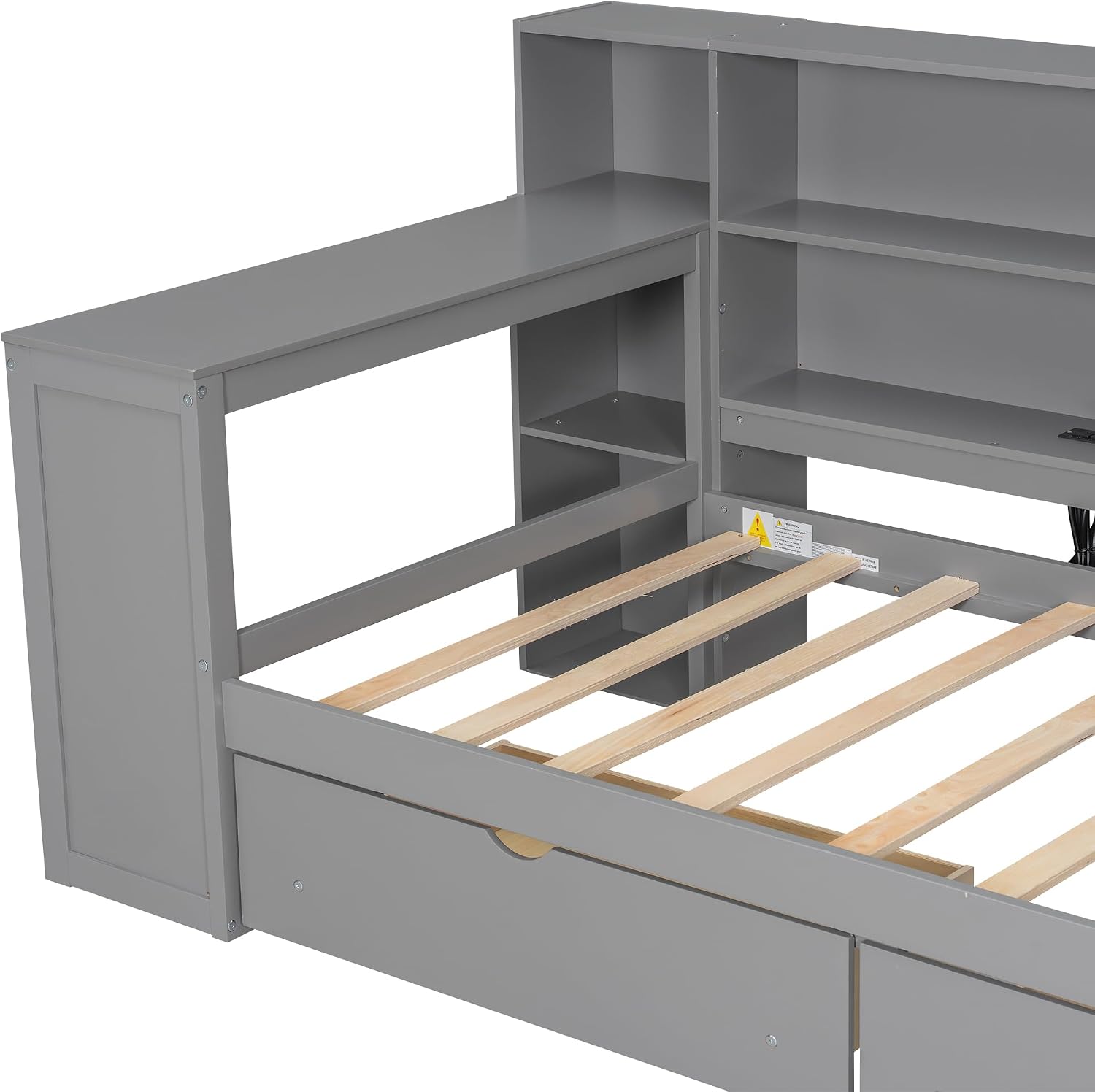 Bellemave Twin Corner Bed with Bookcase Storage and LED Lights, Twin Daybed with Upholstered Headboard and Charging Station, Wooden Platform Bed Frame with Desk and 2 Large Drawers, Grey
