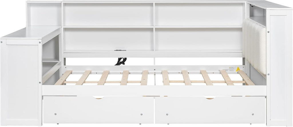 Bellemave Full Corner Bed with Storage Shelves and Desk, Upholstered Headboard Daybed with Bookcase and Drawers，Daybed with Storage, White+Beige Cushion