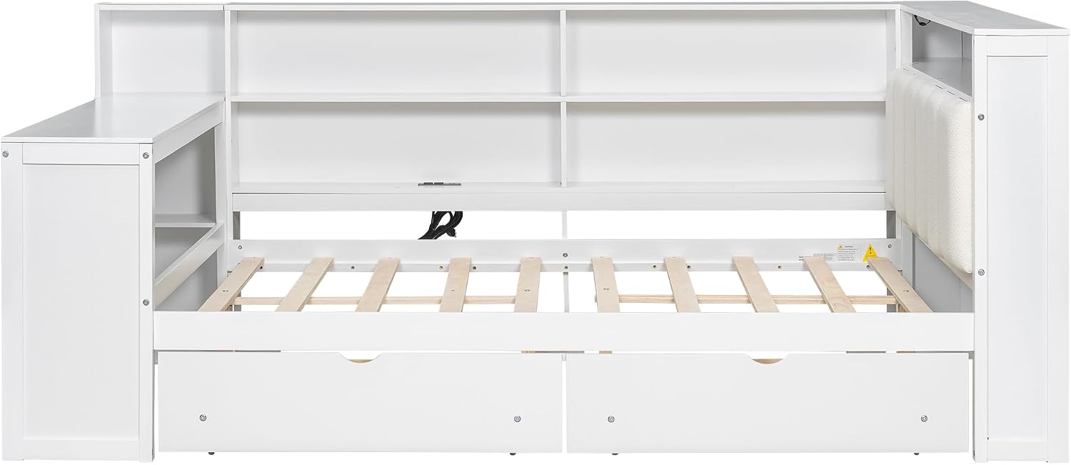 Bellemave Full Corner Bed with Storage Shelves and Desk, Upholstered Headboard Daybed with Bookcase and Drawers，Daybed with Storage, White+Beige Cushion