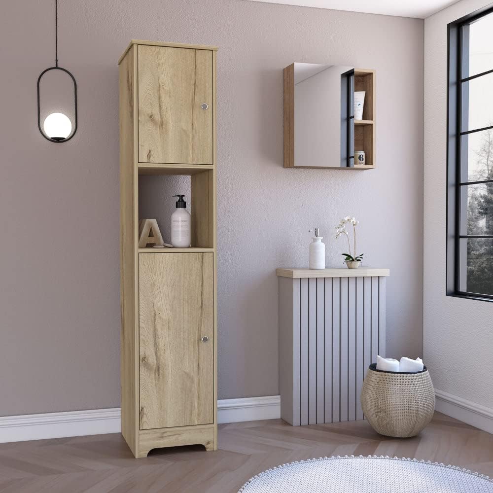 TUHOME Labelle 2-Piece Bathroom Set with Tall Cabinet and Multi-Shelf Organizer, Modern Space-Saving Bathroom Storage for Towels, Toiletries and Essentials, 67.79'H x 14.37'W x 16.04'D, Pine/Light Oak