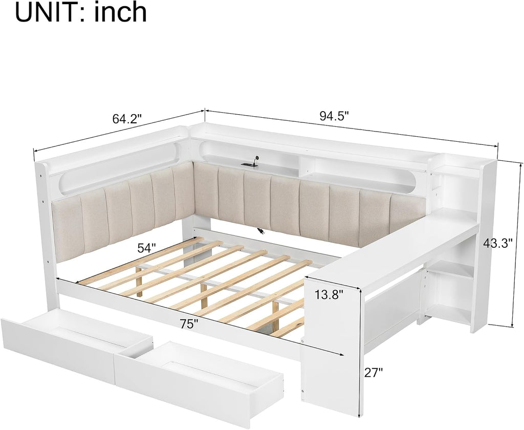 Merax Full Size Multifunctiona Daybed with Storage Drawers and Built-in Shelves & Desk, Corner Bed Frame with Charging Station, LED Light, Upholstered Headboard and Backrest