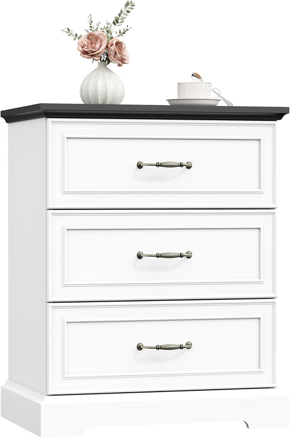 Nightstand Set of 2,24' Wide End Table with 3 Large Drawers & Metal Handles,Rustic Farmhouse Wood Small Dresser,Bedside Table,Modern Chest of Drawers for Bedroom,Living Room,White
