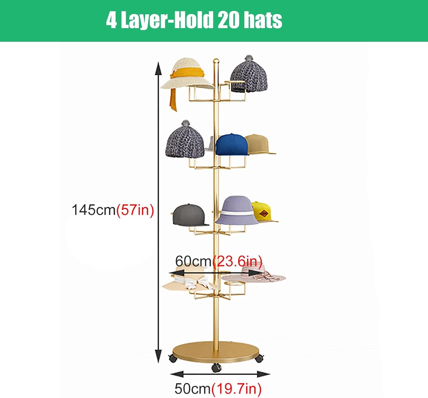 Hat Display Stand Floor Standing Gold Hat Racks Organisers with Wheels, Commercial Multi-Layer Hat Holder Stand for Cowboy/Baseball Caps, Large Capacity