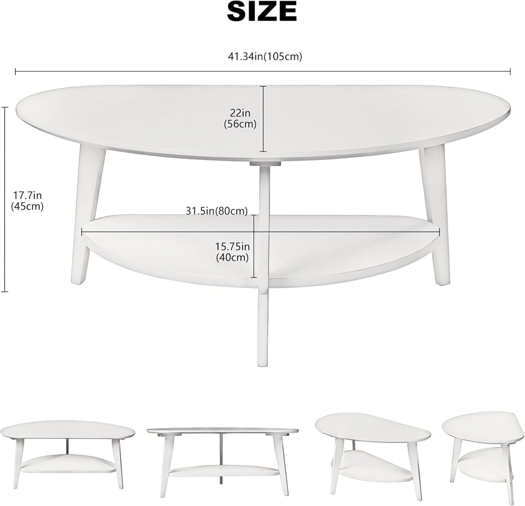 NAVREX Mid Century Modern Coffee Table, Oval Coffee Tables with Storage for Living Room, 2 Tier Solid Wood Center Table, White Coffe Tables, Easy Assembly, Value Lies in Material 40.2' D x 22' W