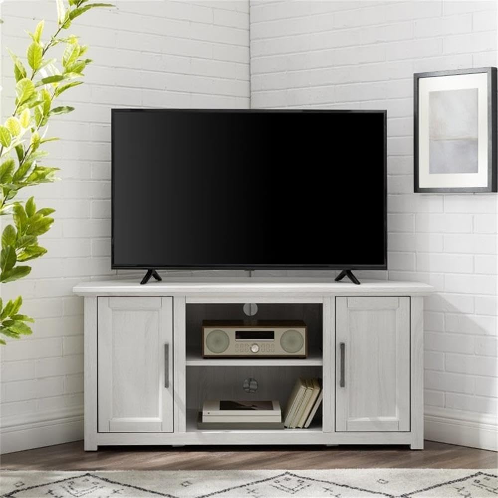 Pemberly Row Modern Rustic Wood Corner TV Stand, 48 in, Whitewash Finish, Fits TVs Up to 50 in, Adjustable Shelving, Cable Management, Antique Brass Hardware, MDF Construction, Living Room