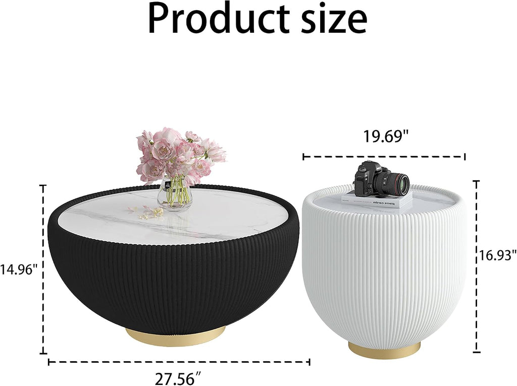 Modern Round Coffee Table Set of 2 Luxury Sintered Stone Top Coffee End Table in Black/White Leatherette Creative Bowl-Shape Small Coffee Side End Tables for Living Room Bedroom