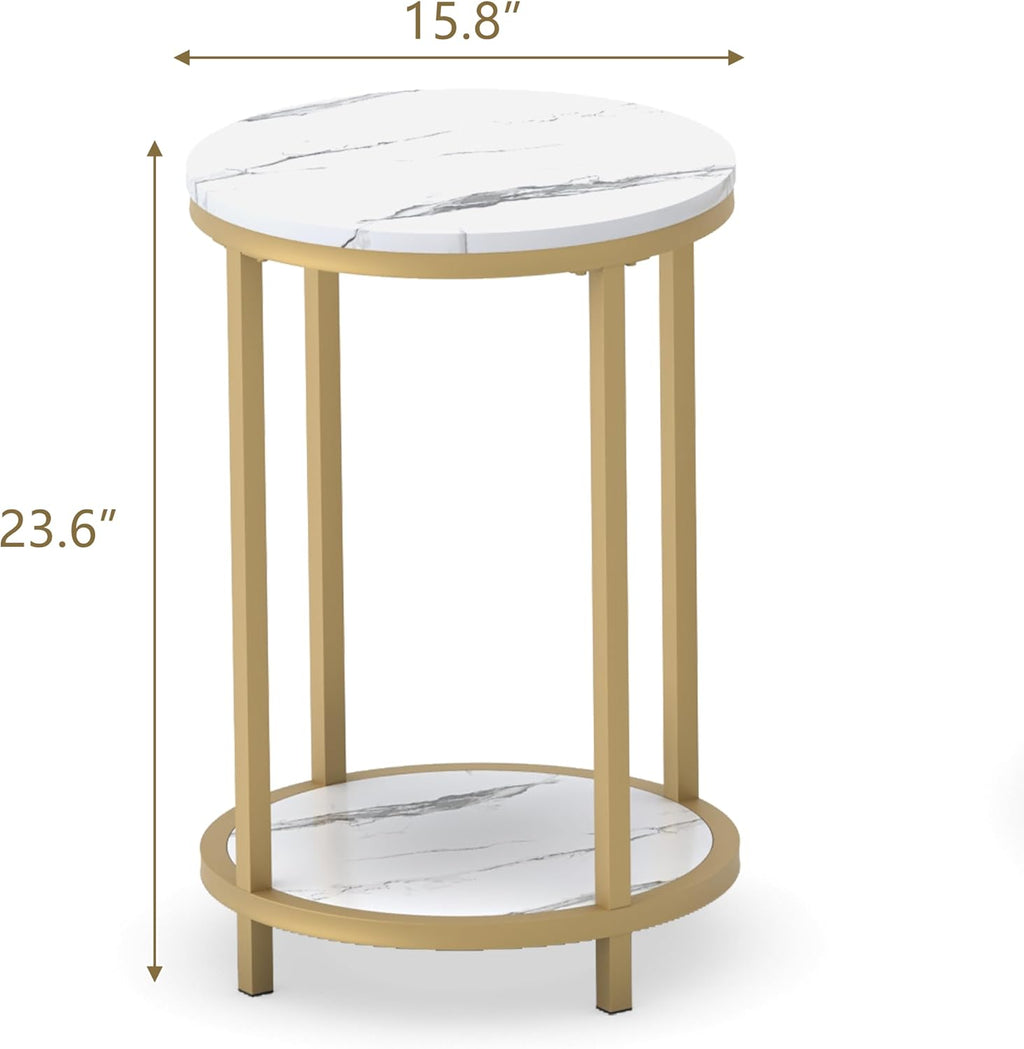 WiberWi Round Side Table Set of 2, Modern Nightstand End Table with Gold Metal Frame &Faux Marble Top, Accent Bedside Table for Living Room Bedroom Small Spaces with Storage Open Shelf,White