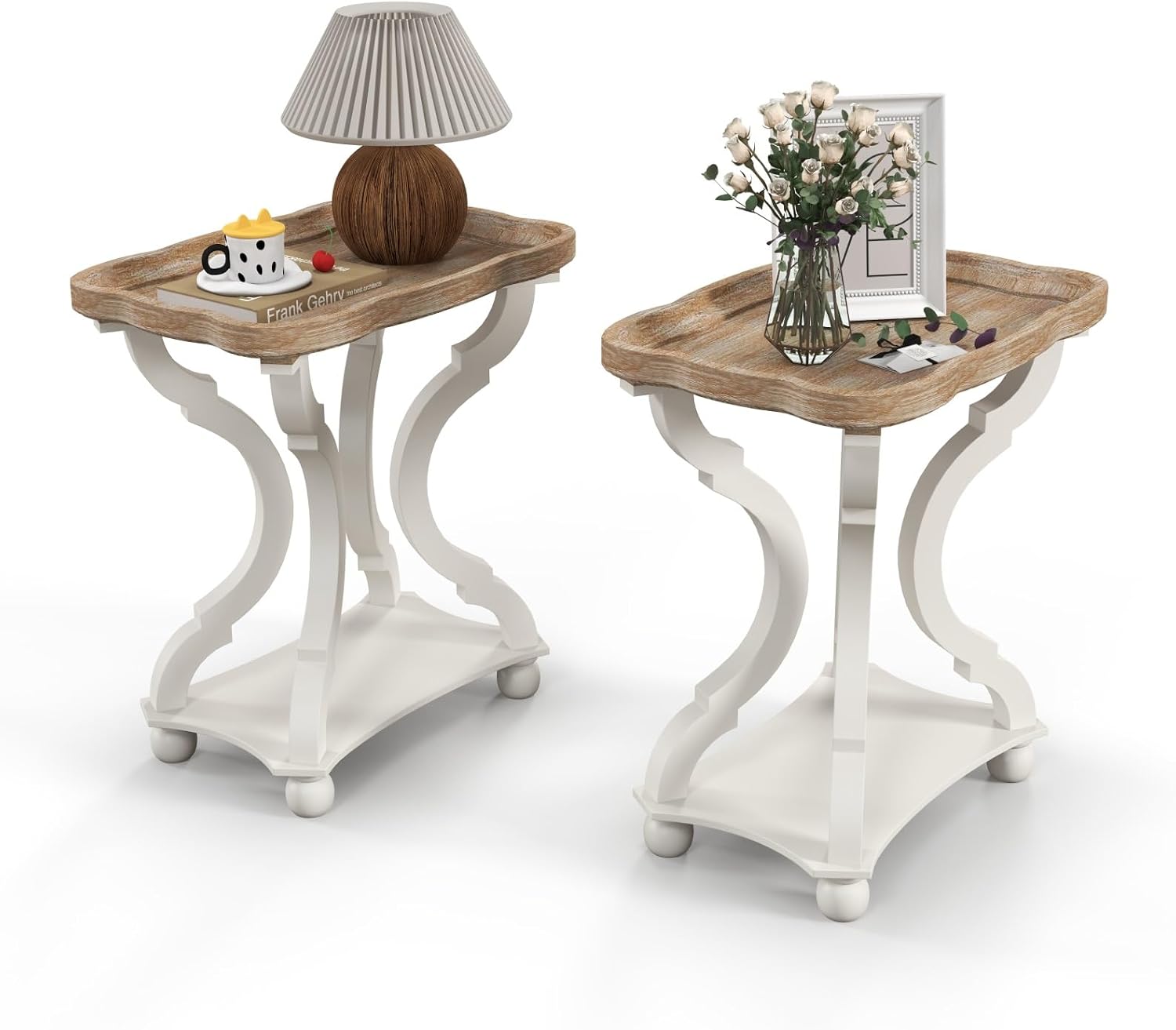 kinbor Farmhouse Side Table - Set of 2 Rustic End Table with an Open Shelf & Raised Edge, Accent Table with Solid Wood Legs - Perfect for Living Room, Bedroom, Entryway, White