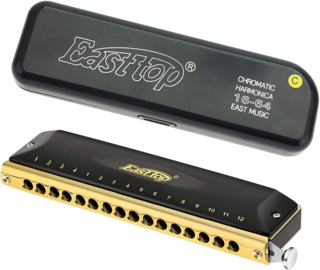 East top 16 Holes 64 Tones Chromatic Harmonica Key of C, Chromatic Mouth Organ Harmonica For Adults, Professionals and Students (BK)
