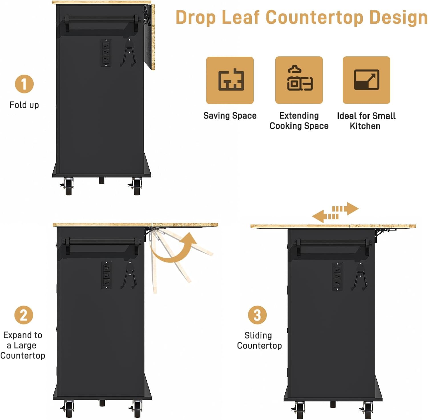 Hlivelood 55' Movable Kitchen Island with Drop Leaf and Power Outlet, Rolling Cart with Storage Cabinet, Island Table on Wheels for Kitchen with 2 Drawers, Spice Rack, Towel Bar, Garage Hook, Black