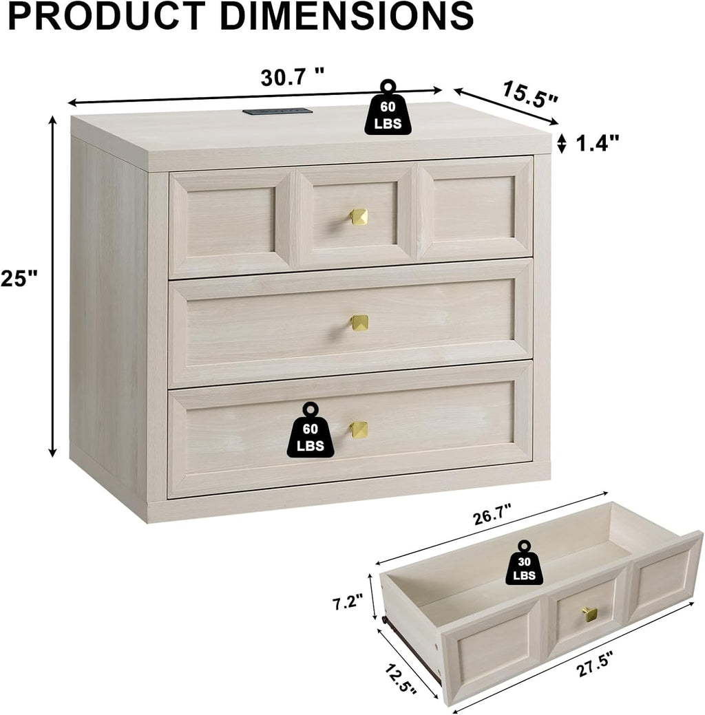3 Drawers Nightstand with Charging Station, 30.7' King Size Bedside Table with 3 Drawers, Accent End Table W/Large Storage, Modern Wood Side Table for Bedroom,Office, Beige (1 Piece, Beige)
