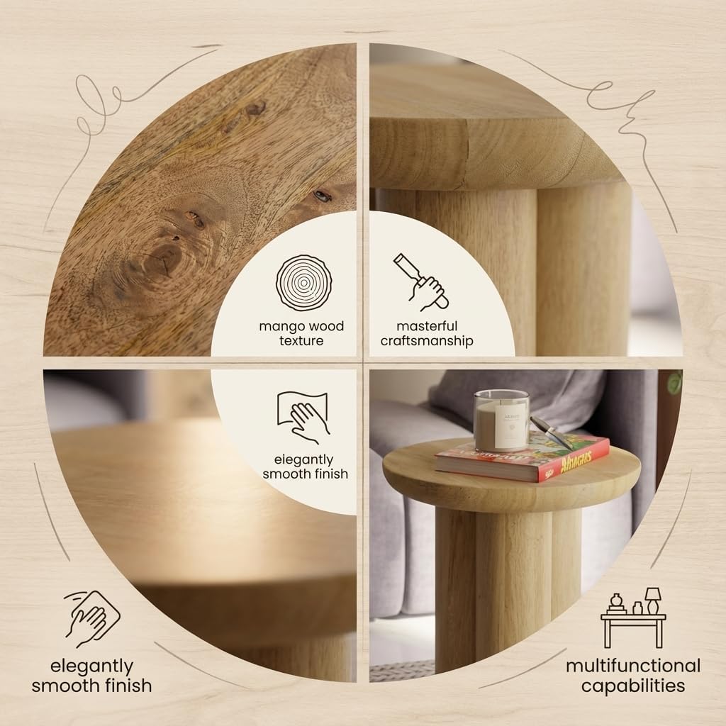 Relso Gaia Round End Table for Living Room and Farmhouse | Solid Mango Wood for Rustic Elegance | Ideal for Side Tables, Nightstands & More | Wood Side Table Round for Bedroom (Natural)