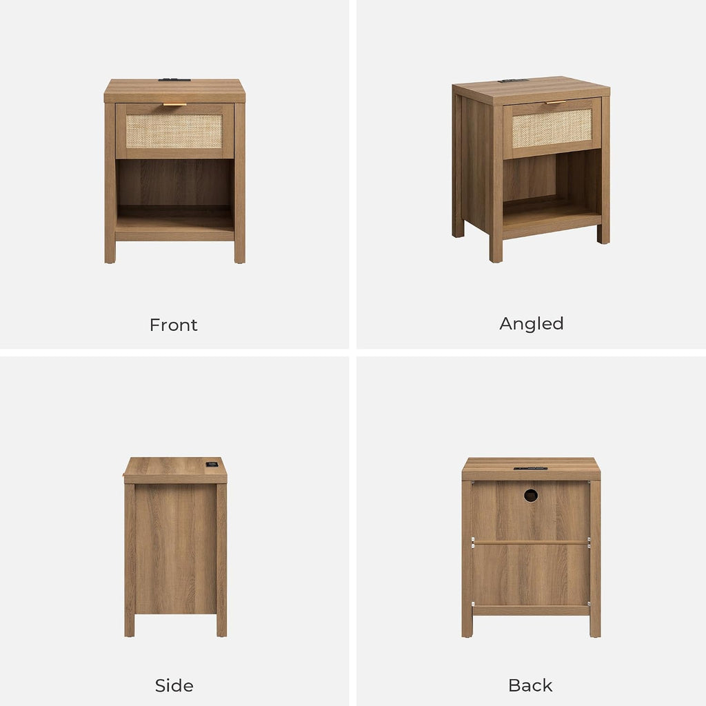 SICOTAS Nightstands Set of 2 with Charging Station Rattan Night Stand with Drawer Boho Bedside Table with USB and Type-C Ports Bed Side Tables for Bedroom Small Space, Oak