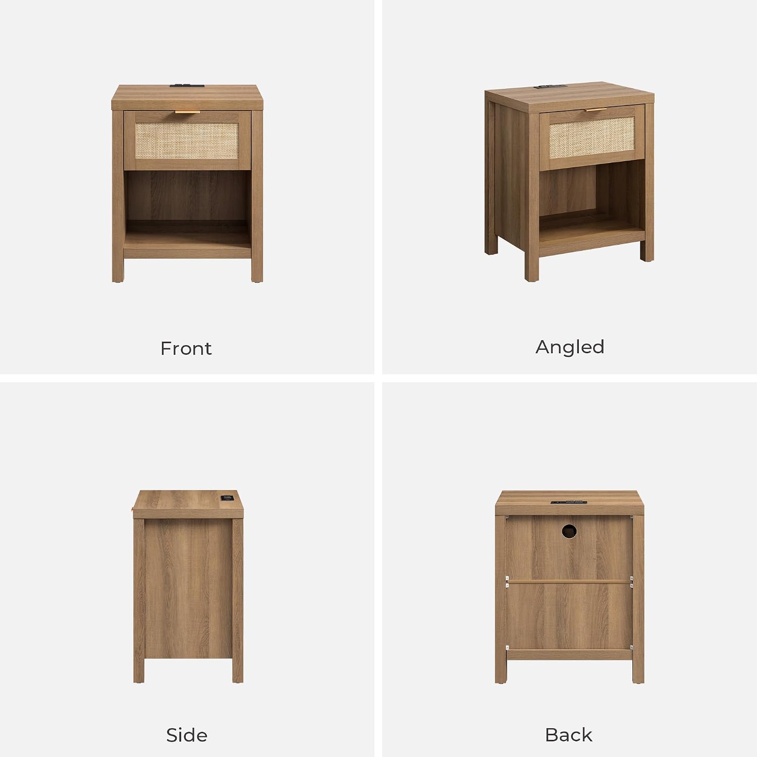 SICOTAS Nightstands Set of 2 with Charging Station Rattan Night Stand with Drawer Boho Bedside Table with USB and Type-C Ports Bed Side Tables for Bedroom Small Space, Oak