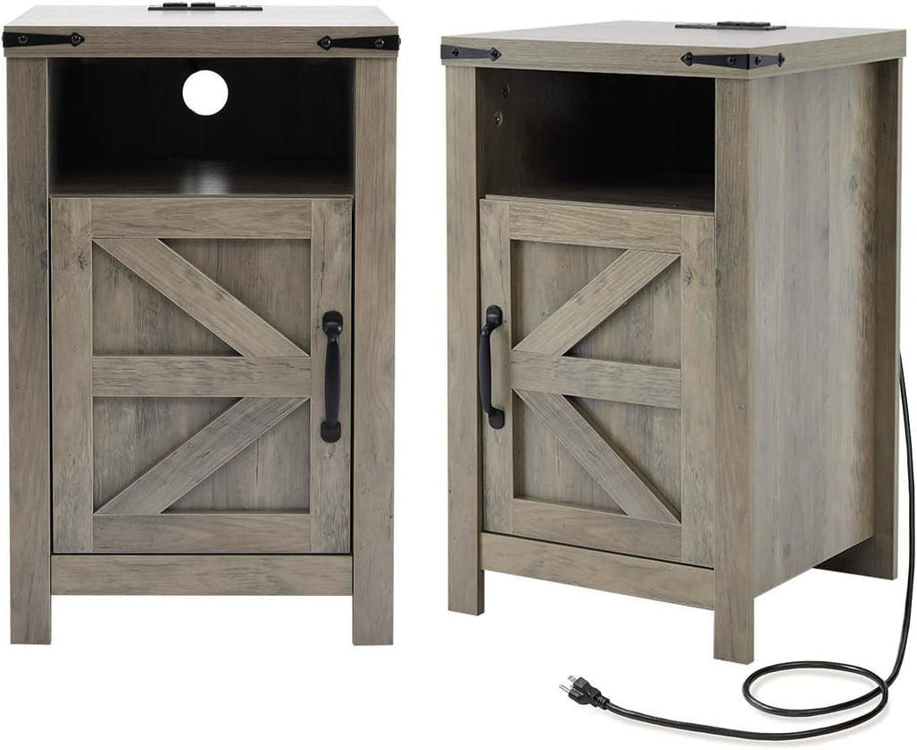 Farmhouse Nightstand Set of 2, Bedside Table with Charging Station, Night Stand with Barn Door, Grey End Table Sofa Side, Nightstand Storage for Bedroom Living Room, Grey
