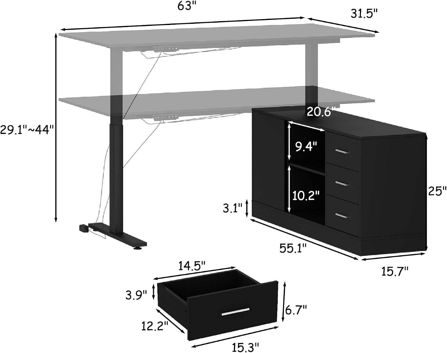 AGOTENI 63' W L-Shaped Electric Standing Desk with Cabinet, Height Adjustable & Reversible Corner Computer Desk with Drawers & Storage Shelves for Home Office, Black