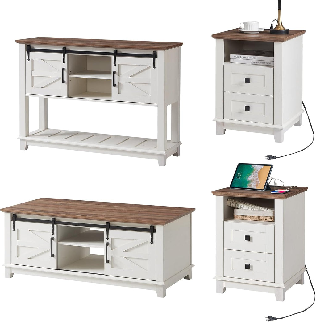 AMERLIFE Farmhouse 4-Piece Living Room Set, Entryway Console with Adjustable Shelves, Pair of 18' End Tables with Charging Station, Large Rectangular Coffee Table with Sliding Barn Doors, Rustic White