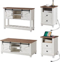 AMERLIFE Farmhouse 4-Piece Living Room Set, Entryway Console with Adjustable Shelves, Pair of 18' End Tables with Charging Station, Large Rectangular Coffee Table with Sliding Barn Doors, Rustic White