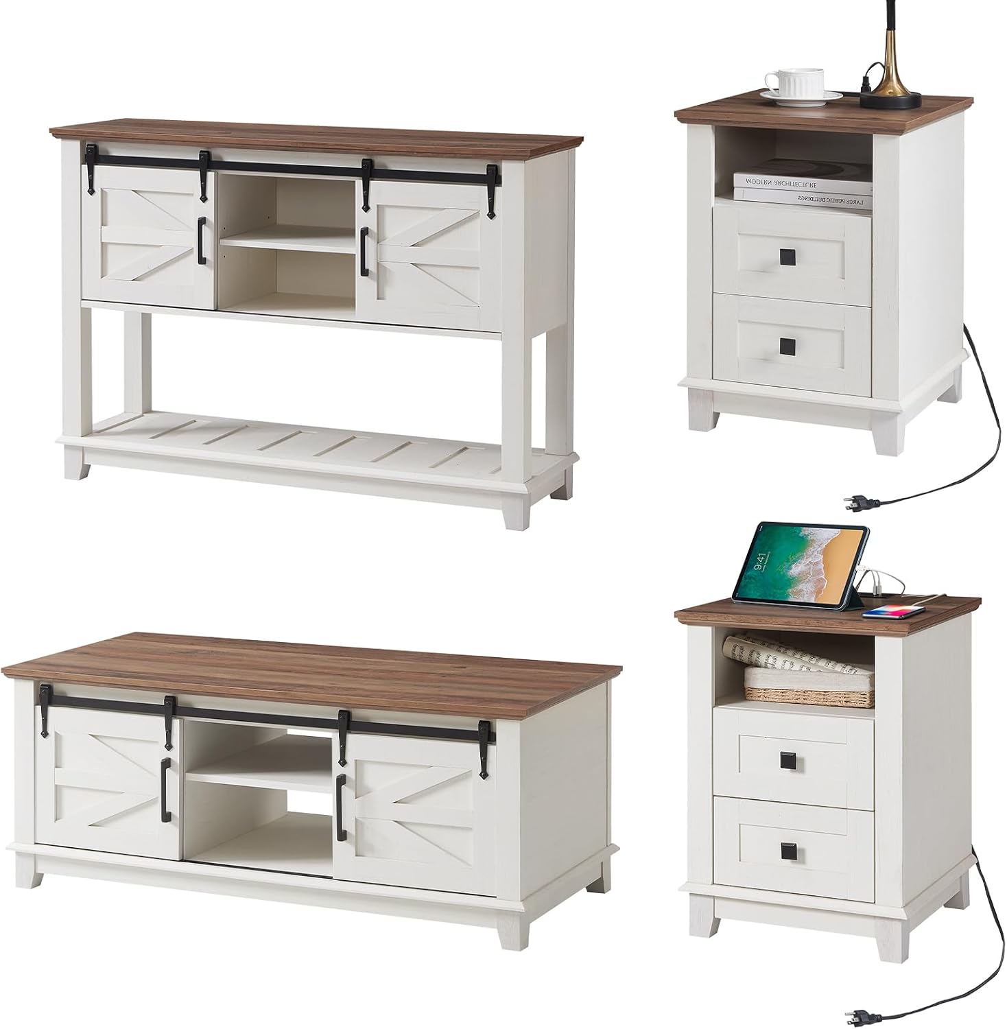 AMERLIFE Farmhouse 4-Piece Living Room Set, Entryway Console with Adjustable Shelves, Pair of 18' End Tables with Charging Station, Large Rectangular Coffee Table with Sliding Barn Doors, Rustic White