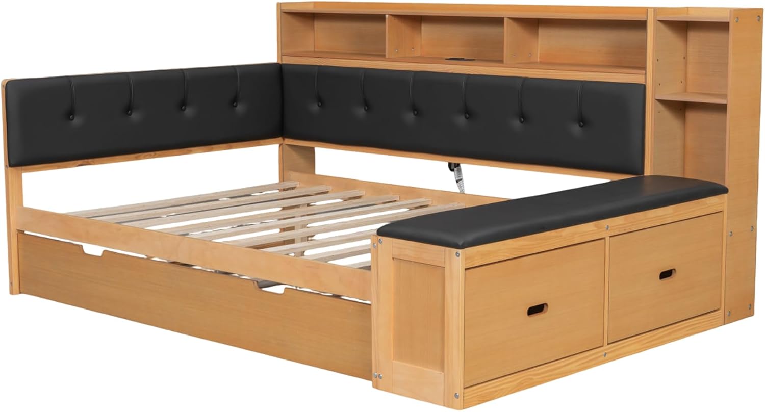 Harper & Bright Designs Full Size Daybed Sofa Bed with Trundle and L-Shaped Upholstered Headboard, Wooden Corner Platform Bed Frame with Storage Shelves, Bench, Charging Station, Natural Color+Black