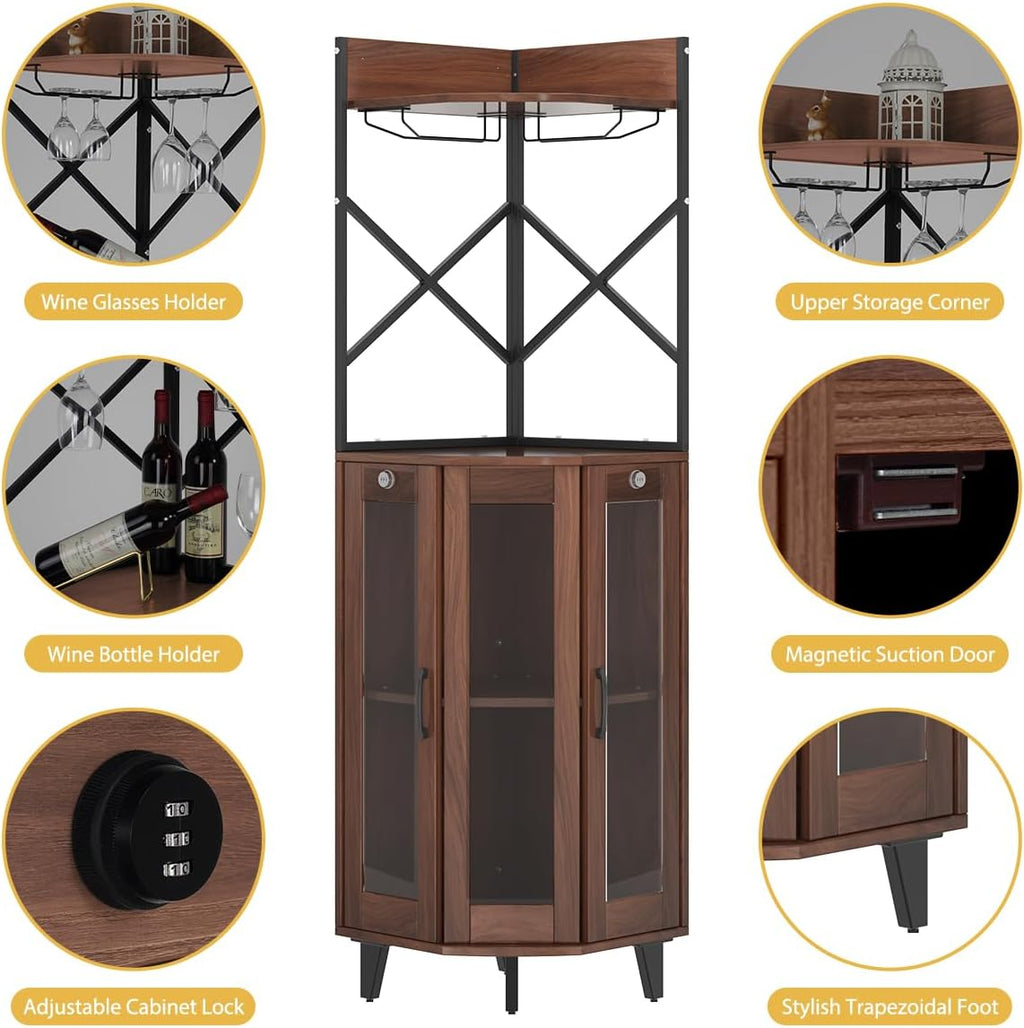 COCO DESIGN Corner Wine Cabinet with Lockable Glass Door & LED Light, 4-Tier Liquor Bar Unit, Modern Farmhouse Home Bar for Living Room, 2 Wine Racks & 2 Glass Display Trays, Walnut