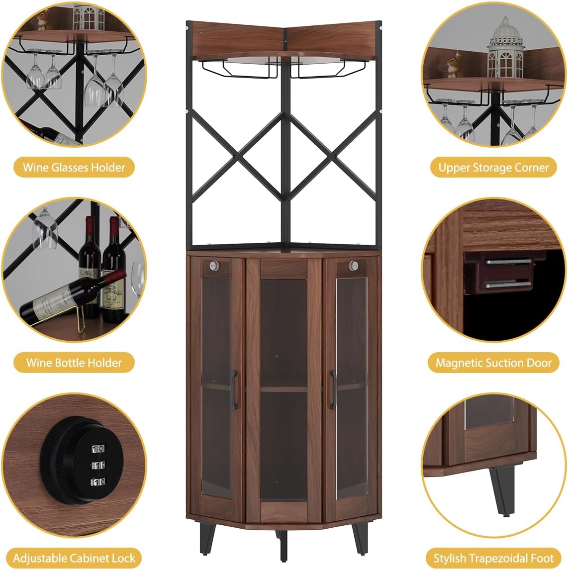 COCO DESIGN Corner Wine Cabinet with Lockable Glass Door & LED Light, 4-Tier Liquor Bar Unit, Modern Farmhouse Home Bar for Living Room, 2 Wine Racks & 2 Glass Display Trays, Walnut