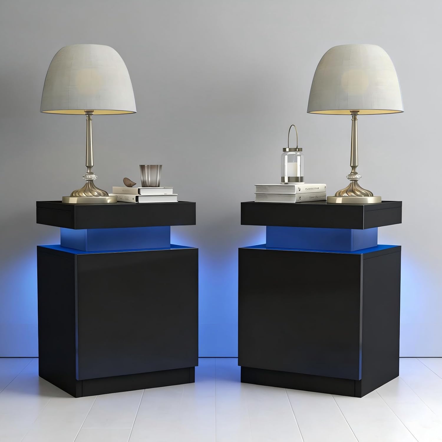 LED Nightstands Set of 2, 17 Inches Night Stand Set 2, Modern Bedside Table with LED Lights, High Gloss Surface, End Table with Storage for Bedroom, Black