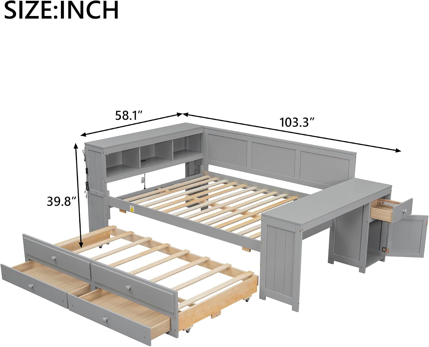 Merax Corner Full Bed Frame with Desk and Led Lights,Wood Platform Bed Frame with Trundle and 2 Drawers,Full Size Daybed with Storage and Charging Station for Living Room,Bedroom,Guest Room,Grey