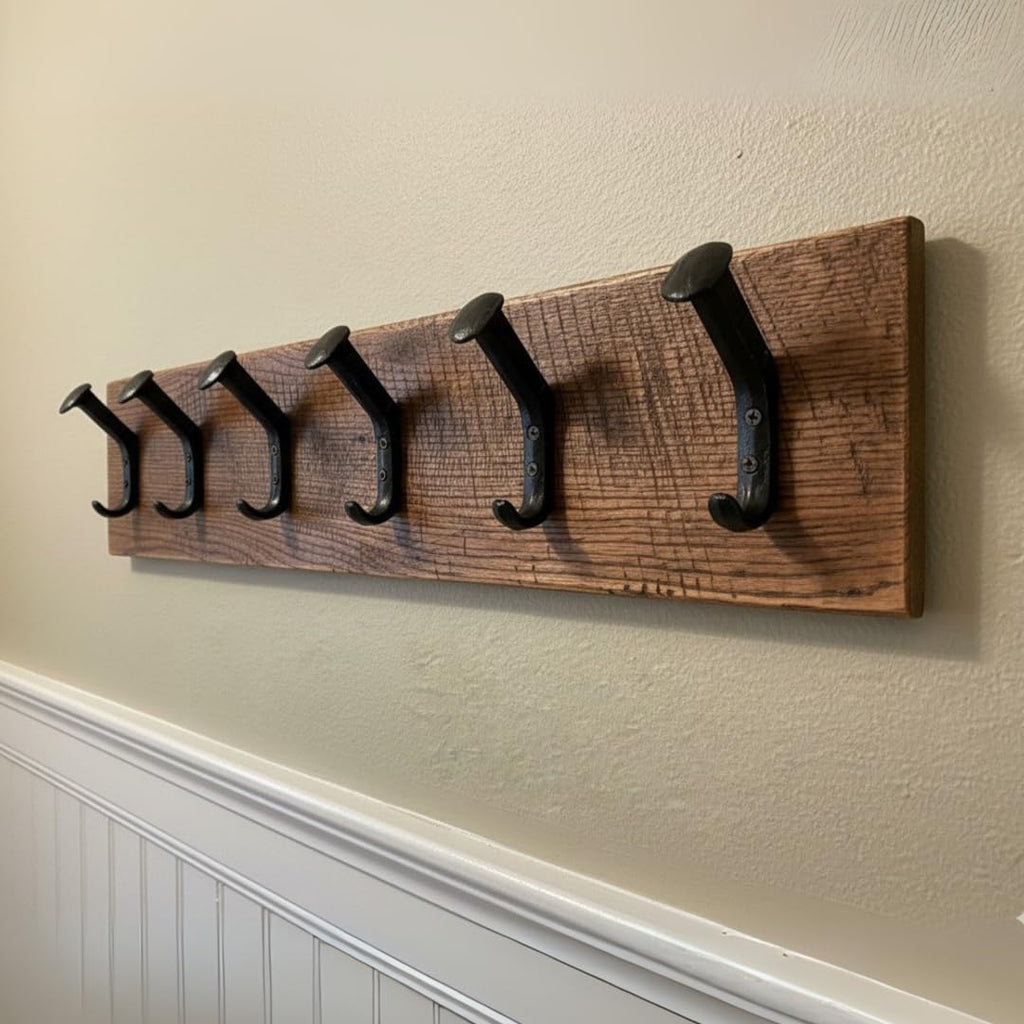 Magnolia Oaks Woodshop Rustic Reclaimed Wooden Wall Coat & Hat Rack - 10 Hooks / 45' Long - Farmhouse Handmade Wood Wall Rack with Railroad Spike Hooks