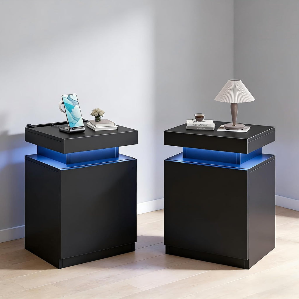 Nightstands Set of 2, 17.7 Inches LED Night Stand Set 2 with Charging Station, Bedside Table with Sliding Top Storage, Modern End Table for Bedroom, Black