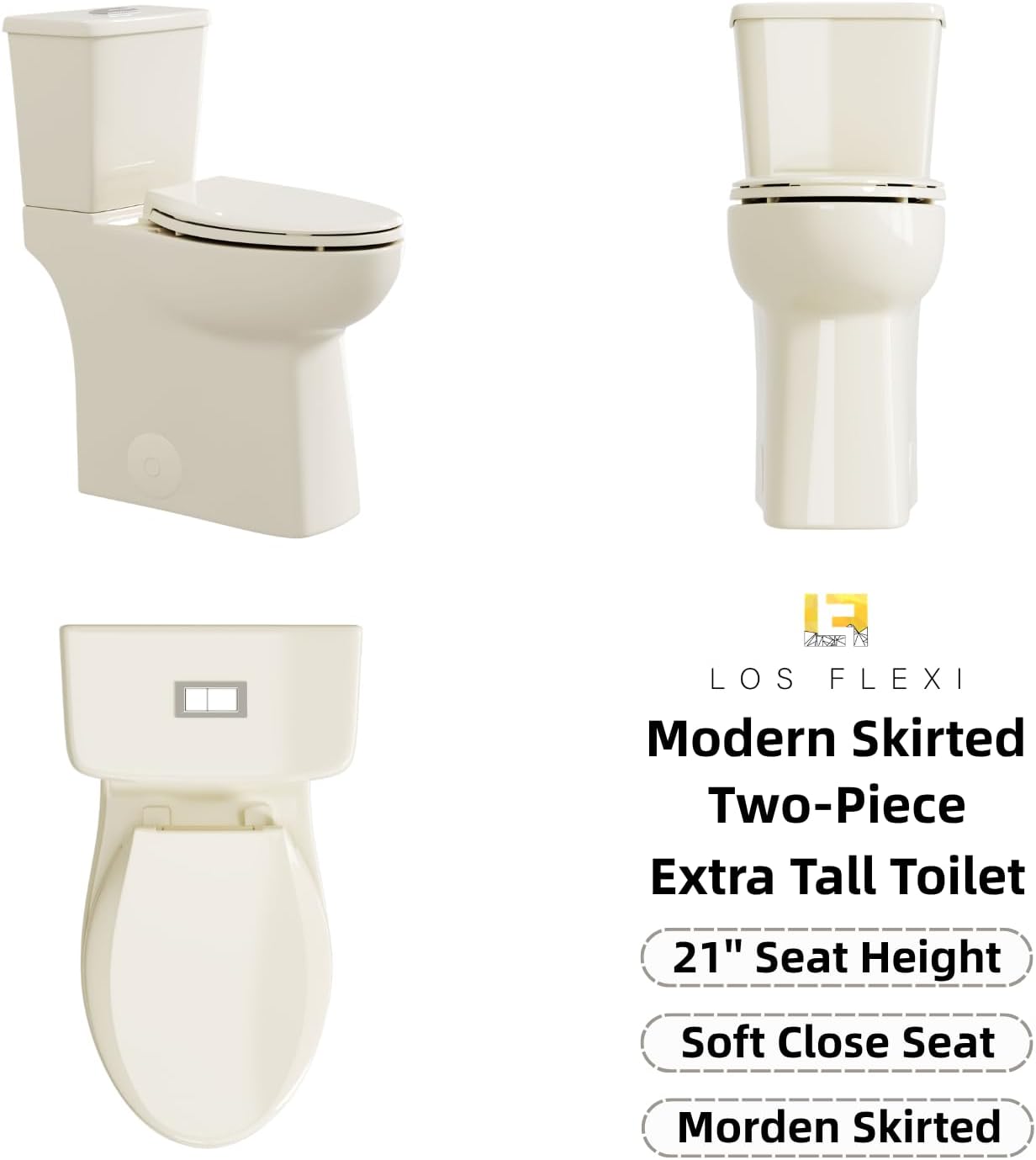 21 Inch Extra Tall Toilet for Seniors, Los Flexi Beige Toilet Two Piece With Skirted Design, 1.1/1.28 GPF Dual Flush, Powerful Siphon Jet, Soft-Close Seat and Quick Install, Bone Color, 12'' Rough-In