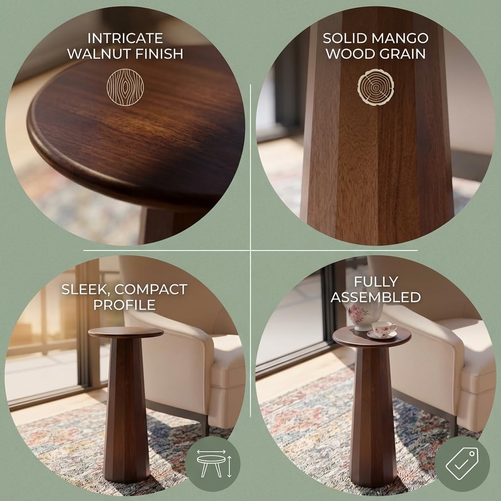 Relso Enteka Solid Mango Wood End Table – 24' Tall Accent Side Table with Walnut Finish | Handcrafted Coffee Table, No Assembly Required | Perfect for Modern Living Rooms, Farmhouses, Small Spaces