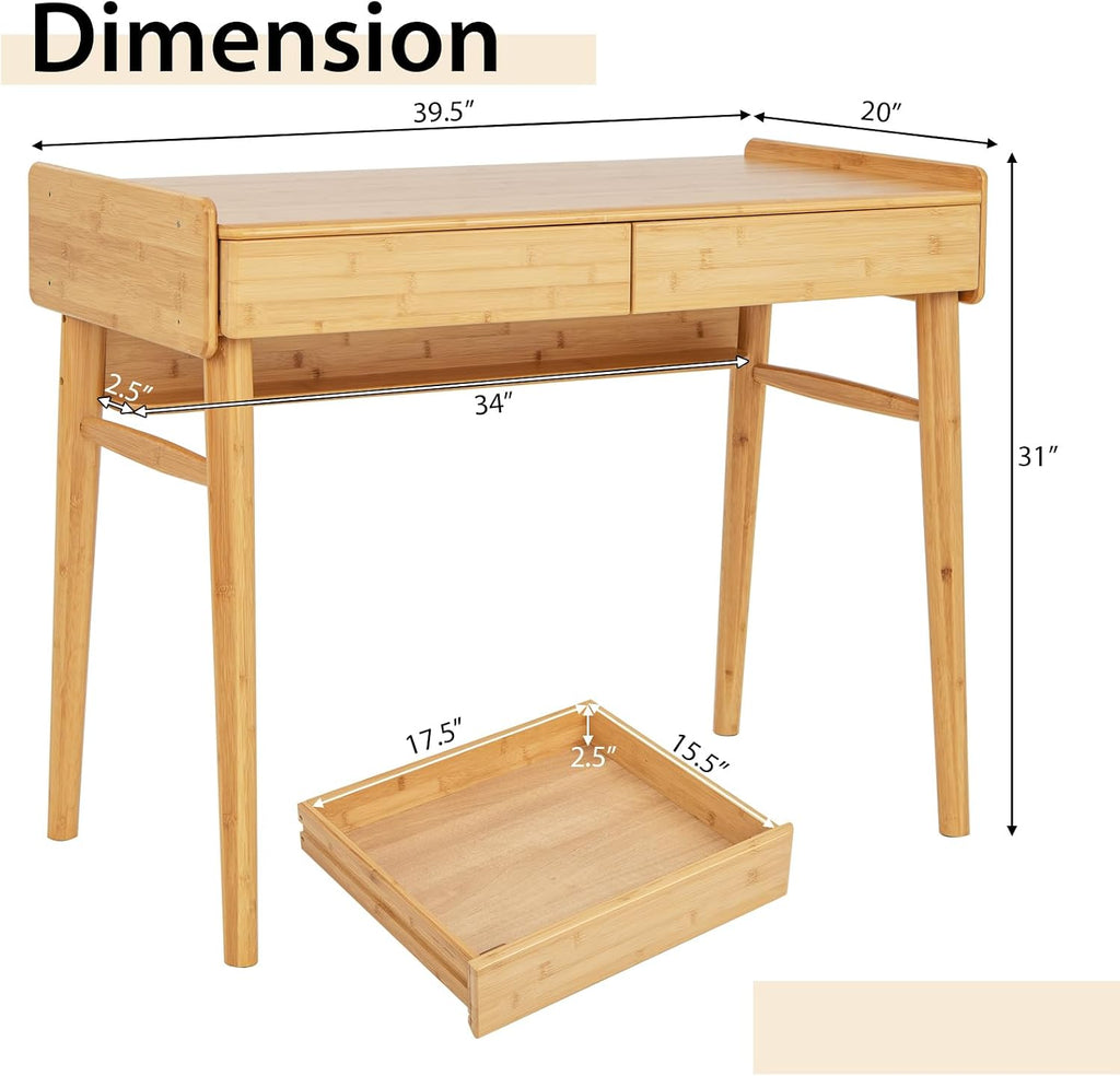 Tangkula Bamboo Mid Century Desk with 2 Storage Drawers, Home Office Study Writing Desk with Shelf & Cable Management Groove, Home Office Desk for Working & Learning (Natural)