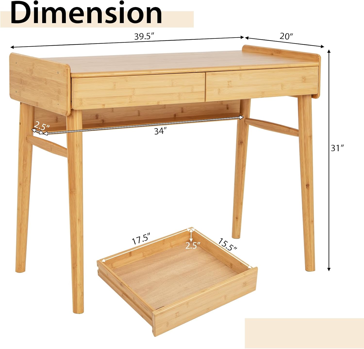 Tangkula Bamboo Mid Century Desk with 2 Storage Drawers, Home Office Study Writing Desk with Shelf & Cable Management Groove, Home Office Desk for Working & Learning (Natural)