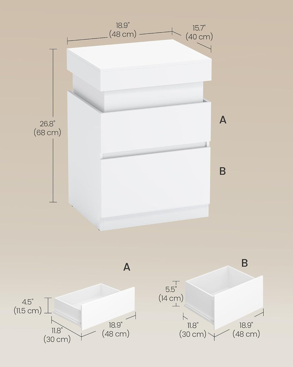 VASAGLE Kailyn Collection - Nightstands with Power Outlets, Sliding Lid, Modern Bedside Tables with LED Lights, End Tables, 2 Drawers, Set of 2, 15.7 x 18.9 x 26.8 Inches, Cloud White ULET650WB01S-2J