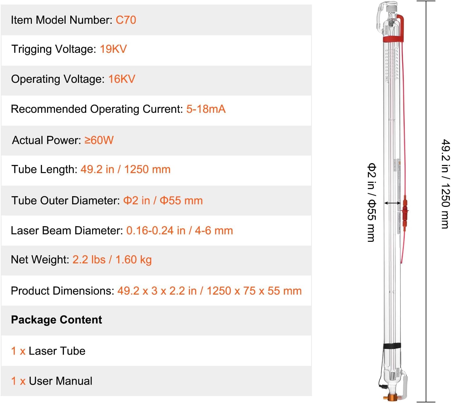 VEVOR 60W CO2 Laser Tube, 49.2 in (1250 mm) Length, 2 in (55 mm) Dia Borosilicate Glass Laser Cutter Tube with Metal Head, 5000-6000hr Wires Preconnected for Laser Engraver Engraving Cutting Machine
