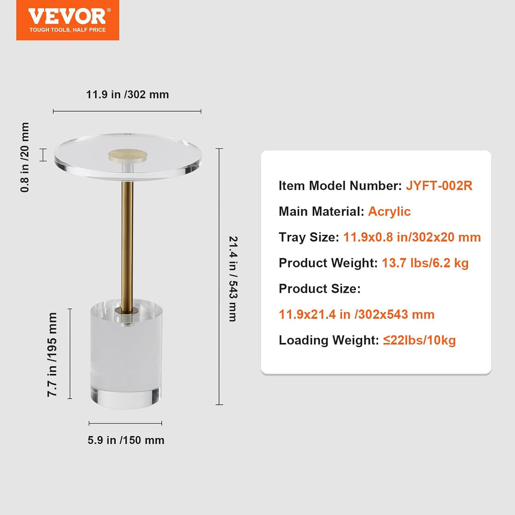 VEVOR Clear Acrylic Coffee Table, Acrylic Side Table with a Solid Base, 11.9 x 11.9 inch Round Tabletop, 21.4 inch High, for Coffee, Drink, Food, Snack Used in Living Room, Bedroom, and Study