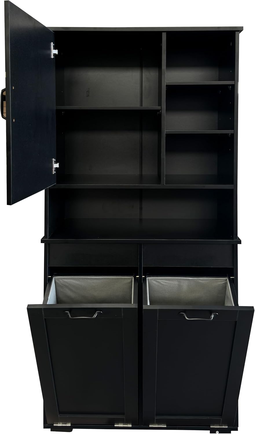 Bathroom Storage Cabinet with 2 Tilt-Out Bins, Freestanding | Particle board, MDF, melamine finish, 2 tilt-out bins, adjustable shelf, open shelves, bathroom, 31.5 W x 15.75 D x 63 H in