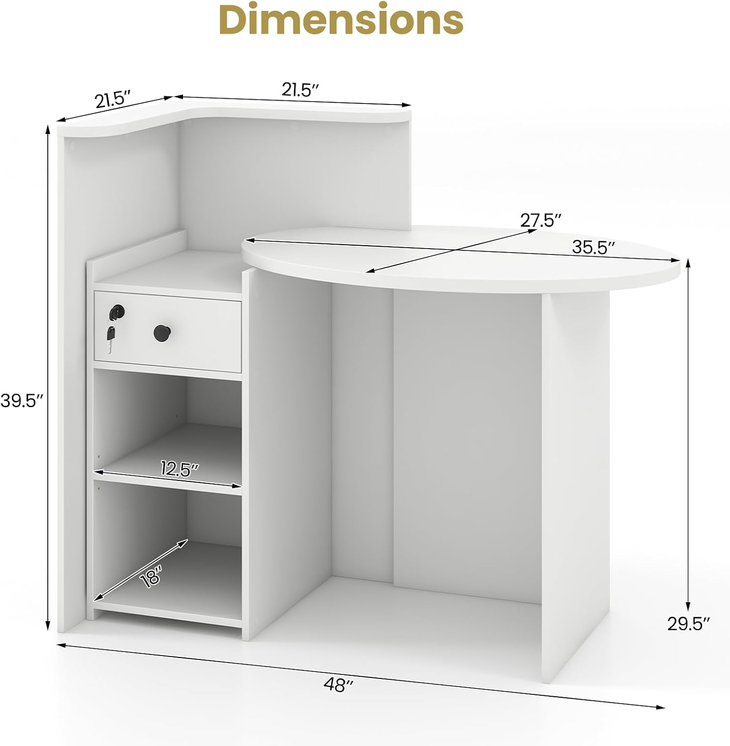 Giantex Reception Desk, Front Counter Desk with Lockable Drawer, Checkout Table with Round Tabletop, Corner Shelf & Adjustable Shelf for Office Beauty Salon Retail Store (White)