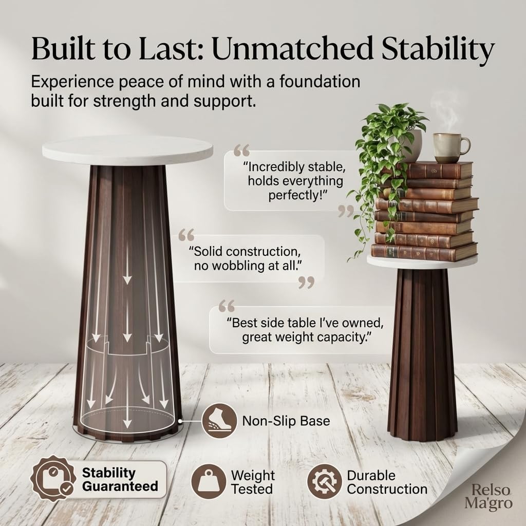 Relso Ma'gro Drink Table – Solid Mango Wood Fluted Base with Real White Marble Top | Farmhouse Accent Side Table for Boho Decor, Bedside, Entryway, Plant Stand, Night Stand & Small Living Spaces